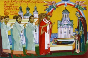 ПЕРЕНЕСЕНЕ МОЩЕЙ ПРП. ЕВФРОСИНИИ В СПАССКИЙ СОБОР СПАСО-ЕВФРОСИНИЕВСКОГО МОНАСТЫРЯ. КЛЕЙМО ЖИТИЙНОЙ ИКОНЫ
